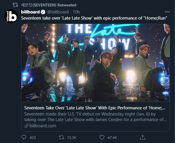 billboard memberikan pujian atas penampilan seventeen di late late show with james corden