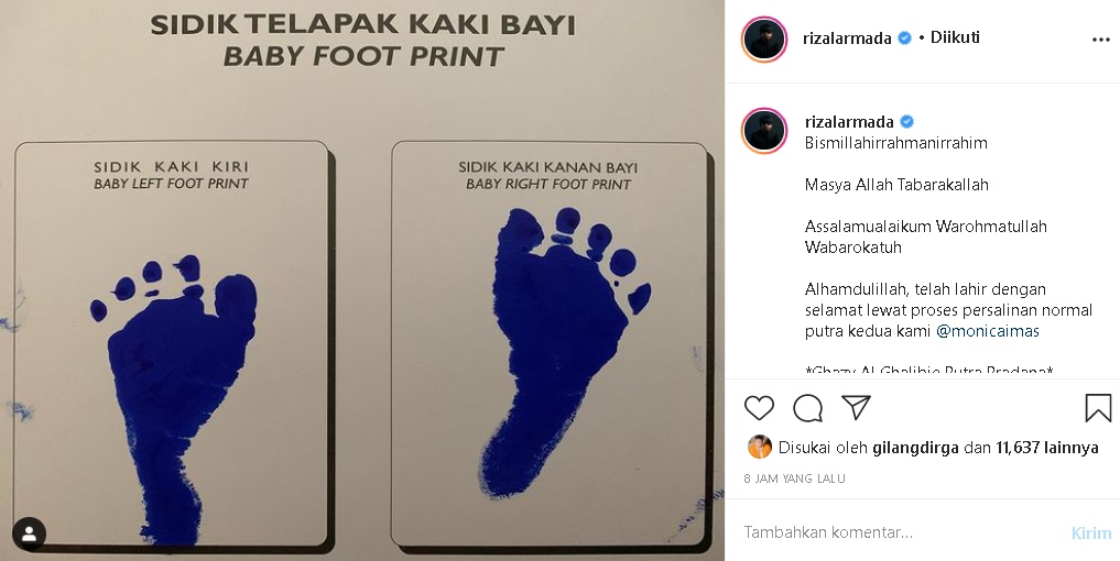 Pamerkan Foto Sidik Telapak Kaki Bayi, Rizal Armada Bagikan Kabar Bahagia Kelahiran Anak Kedua