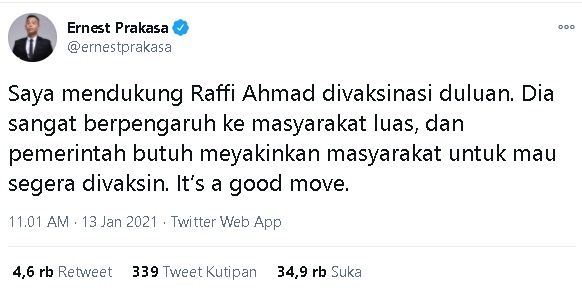 Ernest Prakasa Dukung Raffi Ahmad Terima Suntik Vaksin Covid-19 Duluan: Dia Sangat Berpengaruh