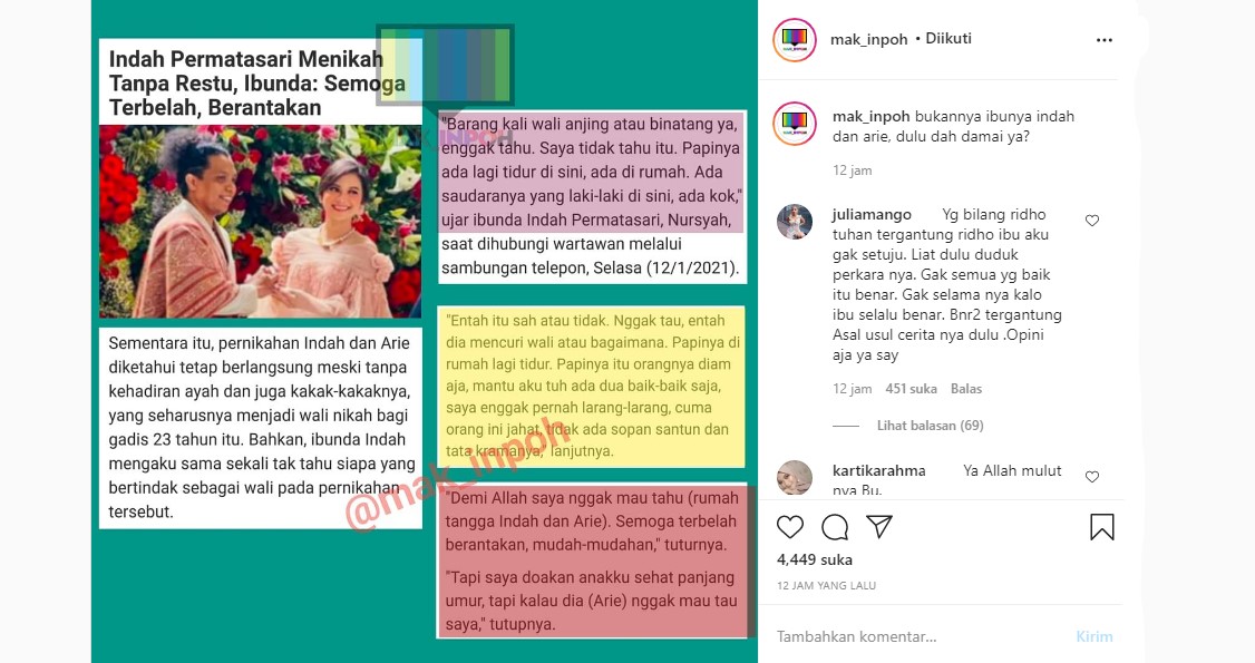 Ibunda Indah Permatasari Kena Tegur Usai Doakan Buruk Pernikahan Sang Putri