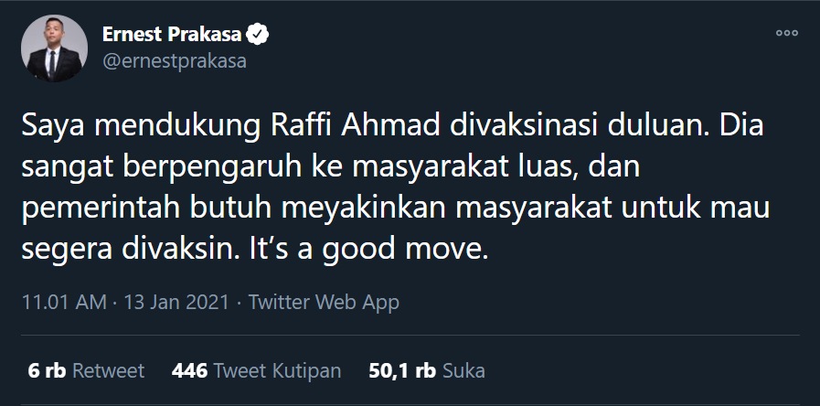 Awalnya Mendukung, Ernest Prakasa Kini Justru Kecewa Saat Tahu Raffi Ahmad Keluyuran Usai Divaksin