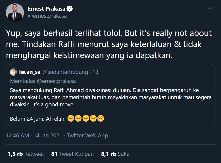 Awalnya Mendukung, Ernest Prakasa Kini Justru Kecewa Saat Tahu Raffi Ahmad Keluyuran Usai Divaksin