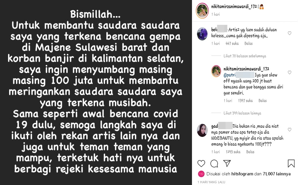 Bantu Korban Gempa Majene dan Banjir Kalimantan Selatan Dicibir Riya, Nikita Mirzani Balas Begini