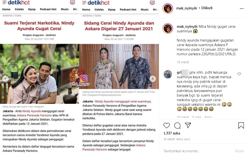 Nindy Ayunda Gugat Cerai Suami yang Sedang Ditahan Karena Narkoba, Ini Jadwal Sidang Perdananya