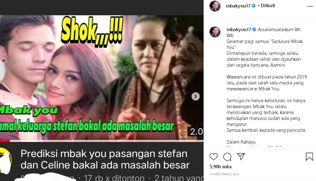 Unjuk Bukti Ramalan Rumah Tangga Celine Evangelista - Stefan William, Mbak You Malah Direspons Sinis