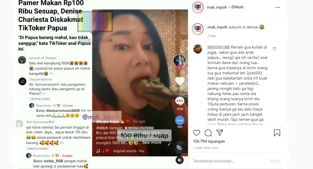 Denise Chariesta Diskakmat TikTokers Papua Usai Pamer Makan Rp 100 Ribu Sesuap