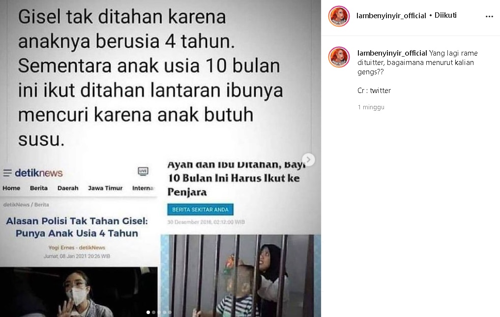 Gisella Anastasia Buka Suara Soal Dibandingkan dengan Kasus Ibu Ditahan Bersama Bayi 10 Bulan