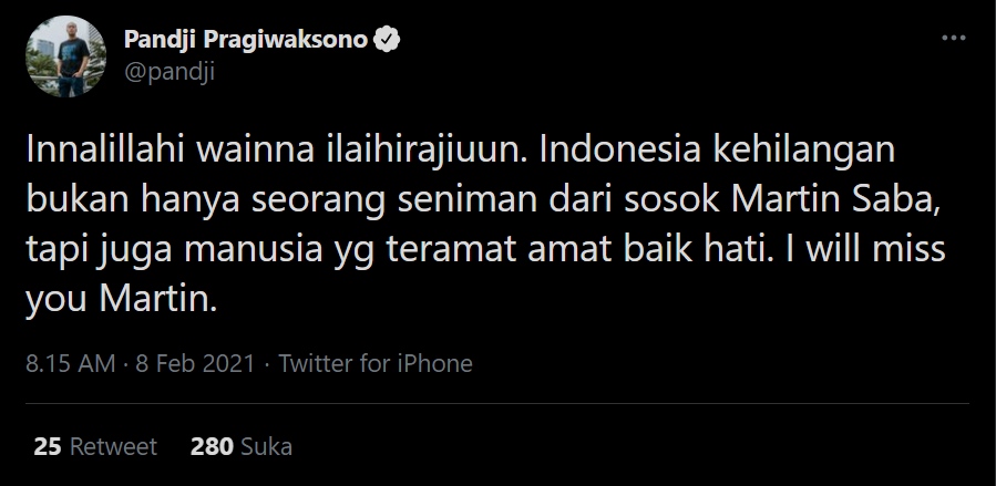 Marthin Saba Meninggal Dunia, Pandji Pragiwaksono Ucap Duka Hingga Sebut Mendiang Sosok Baik Hati