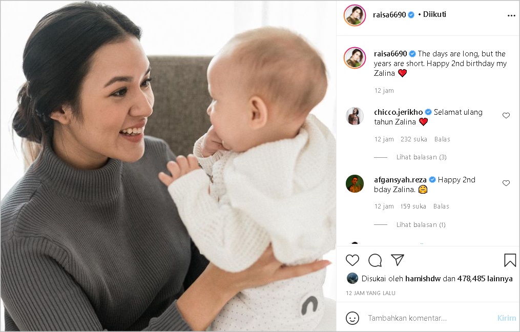 Usia Zalina Genap 2 Tahun, Raisa Pajang Potret Manis Bareng Putrinya Langsung Diramaikan Rekan Artis