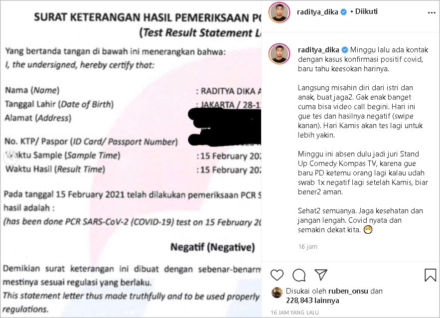 Raditya Dika Jalani ‘Isoman’ Usai Kontak dengan Kasus Positif Covid-19, Beber Hasil Tes PCR Terbaru
