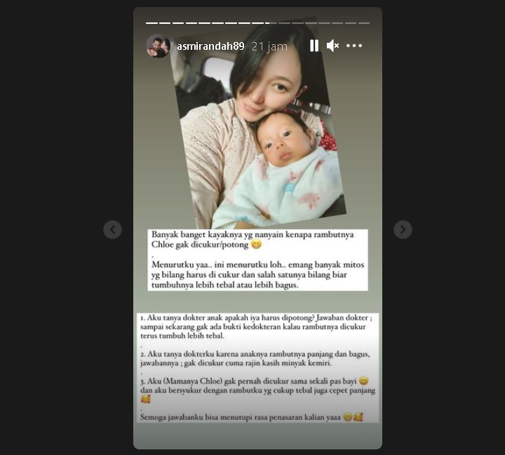 Singgung Soal Mitos, Asmirandah Ungkap Alasan Tak Cukur Rambut Baby Chloe