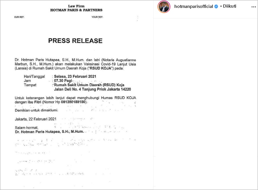 Hotman Paris Hutapea Ungkap Harapan Ini Jelang Divaksin Covid-19 untuk Lansia Besok