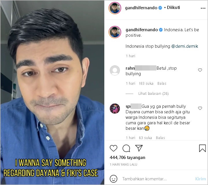 Tanggapi Soal Dayana Di-Bully Hingga Diserang Komentar Seram, Gandhi Fernando Beri Saran Begini