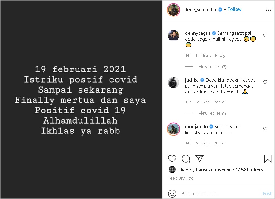 Dede Sunandar Kabarkan Positif Covid-19 Susul Sang Istri dan Mertua, Diserbu Doa Sederet Artis