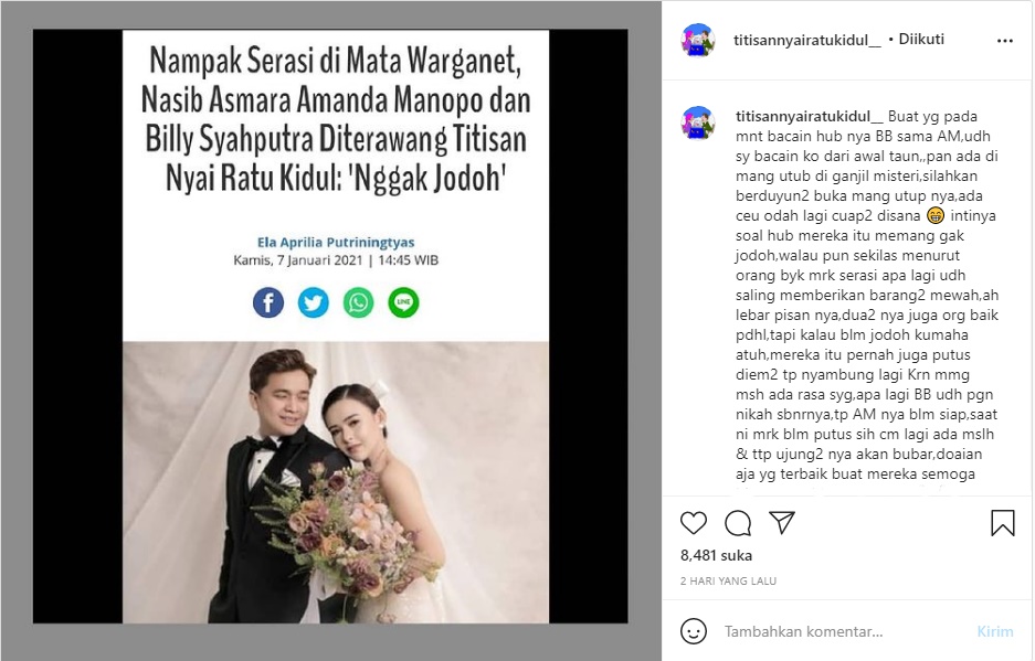 Disebut Belum Putus, Nasib Asmara Billy Syahputra & Amanda Manopo Justru Diramal Bakal Kandas