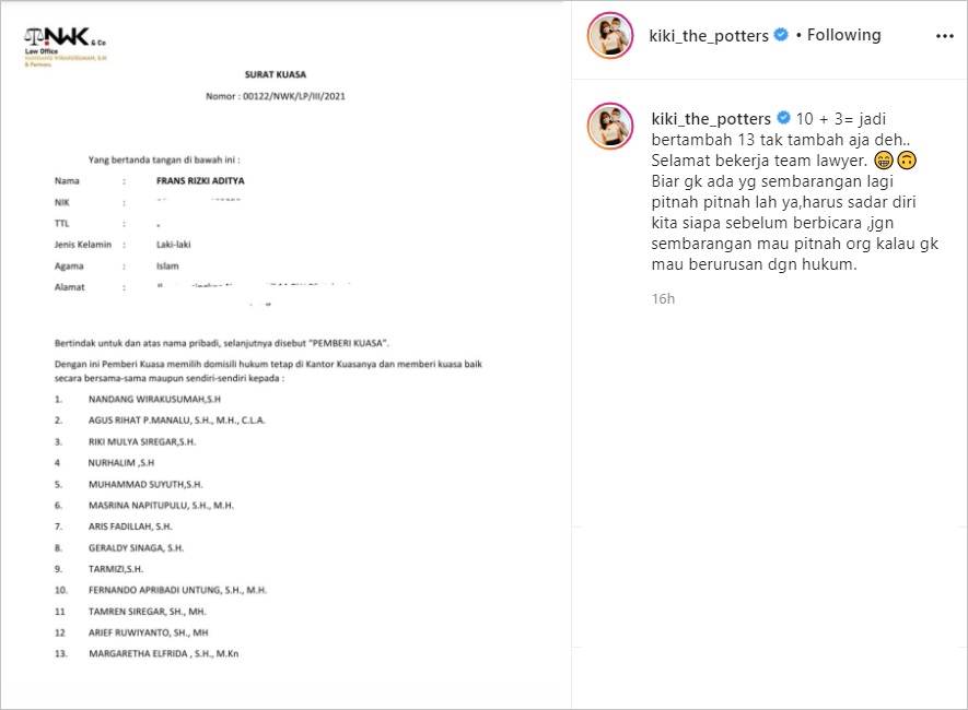 Bukan 10, Kiki The Potters Gandeng 13 Pengacara: Biar Nggak Ada yang Sembarangan Lagi Fitnah