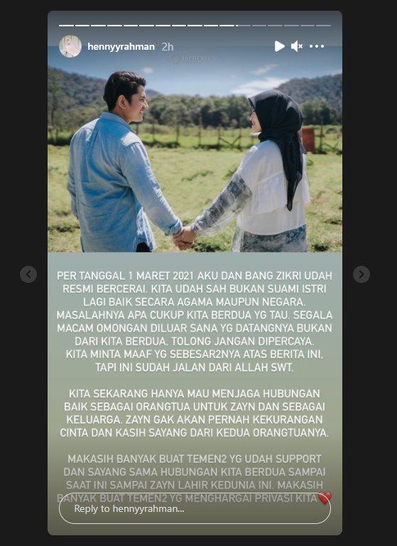 Resmi Cerai, Zikri Daulay dan Henny Yuliana Rahman Masih Berhubungan Baik Demi Kepentingan Ini