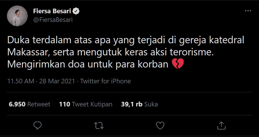 Ikut Berduka Atas Kasus Bom di Gereja Katedral, Fiersa Besari Geram dan Kutuk Keras Aksi Terorisme