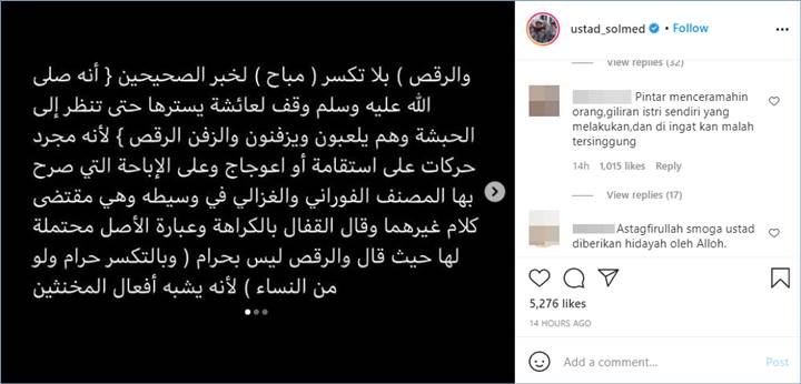 ustaz solmed diberi kritikan oleh warganet karena dinilai bela sang istri yang joget di tiktok