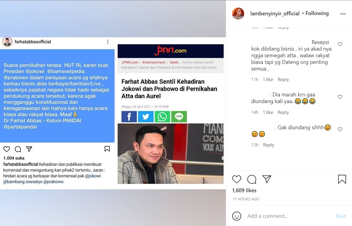 Farhat Abbas Tuai Cibiran Usai Sentil Jokowi yang Hadir dalam Pernikahan Aurel-Atta