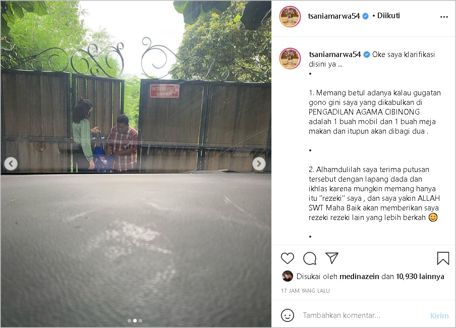 Klarifikasi Tsania Marwa Soal Mobil dan Meja Makan Dibagi Dua dari Hasil Gugatan Gono Gini, Ikhlas?