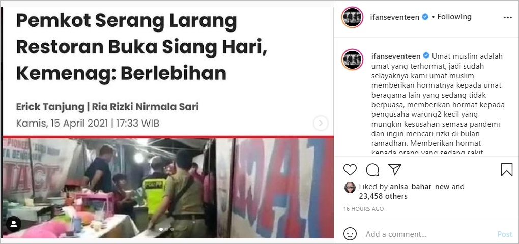 Kritik Aturan Pemkot Serang Larang Restoran Buka Siang Hari, Ifan Seventeen: Mohon Ditinjau Kembali