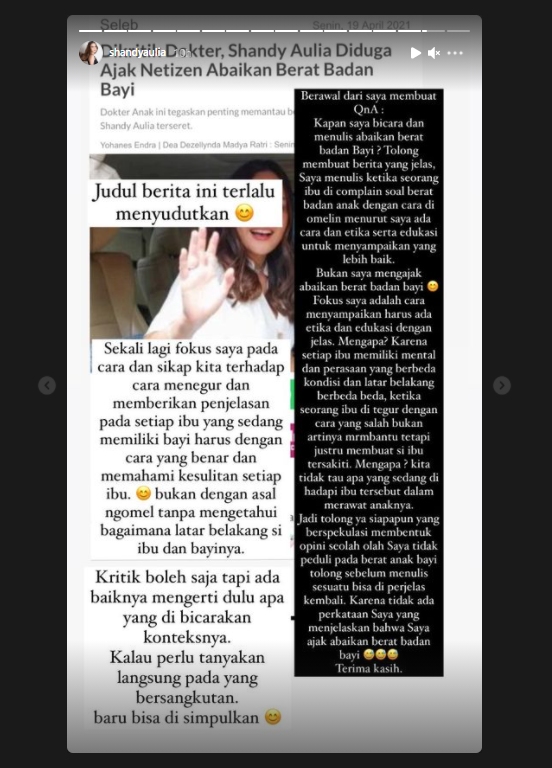 Geram, Shandy Aulia Buka Suara Usai Dituding Ajak Masyarakat Abaikan Berat Badan Bayi