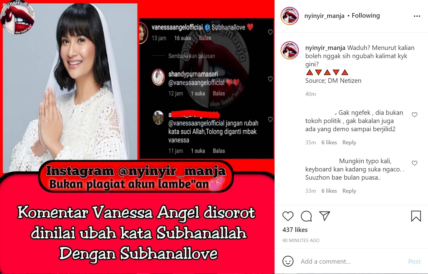 Vanessa Angel Tuai Kecaman Usai Ganti Kata \'Subhanallah\' Jadi Seperti Ini, Netter: Gak Boleh!