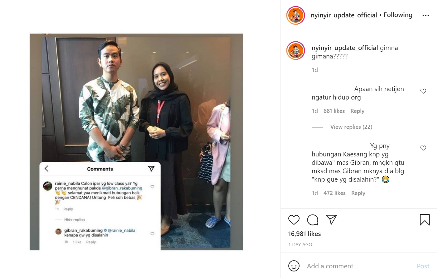 Foto Bareng Nadya Arifta Tuai Sindiran, Gibran Rakabuming: Kenapa Gua yang Disalahin