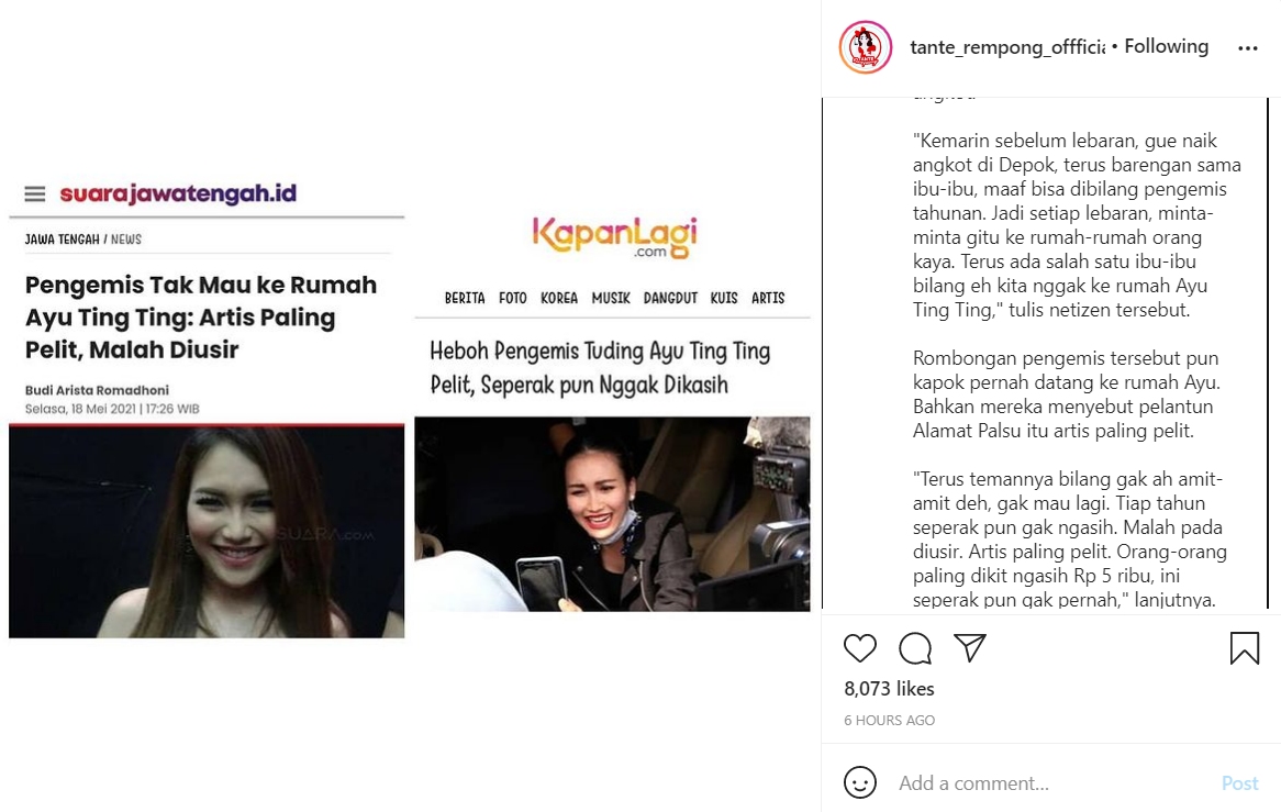 Pengemis Sebut Ayu Ting Ting Artis Paling Pelit, Netizen Justru \'Pasang Badan\' dan Beri Pembelaan