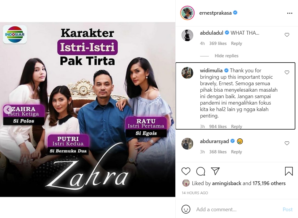 Ernest Prakasa Kecam Sinetron \'Suara Hati Istri Zahra\', Widi Mulia Langsung Ucapkan Terima Kasih