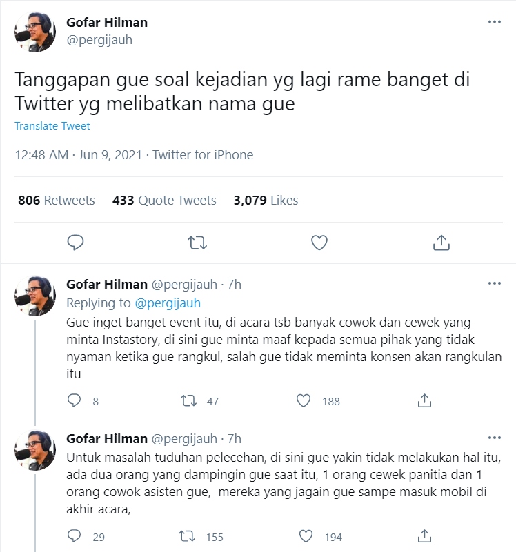 Dituding Lakukan Pelecehan Seksual, Gofar Hilman Bantah dan Siap Bawa ke Jalur Hukum