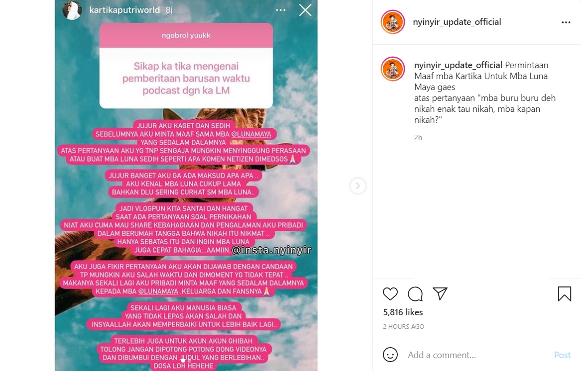 Sempat Desak Luna Maya Agar Segera Nikah, Kartika Putri Minta Maaf: Jujur Gak Ada Maksud Apa-apa