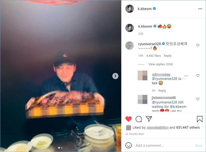 Ryu Hye Young mengomentari unggahan Kim Bum