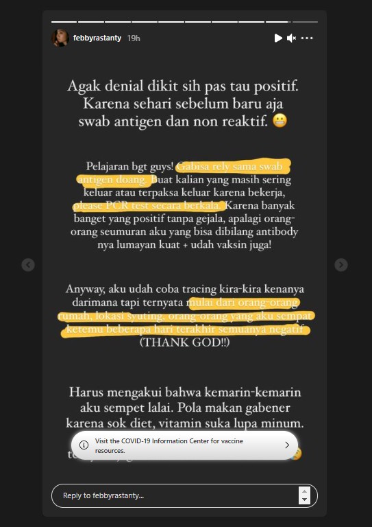 Umumkan Positif Covid-19, Febby Rastanty Akui Sempat Lalai Karena Lakukan Ini