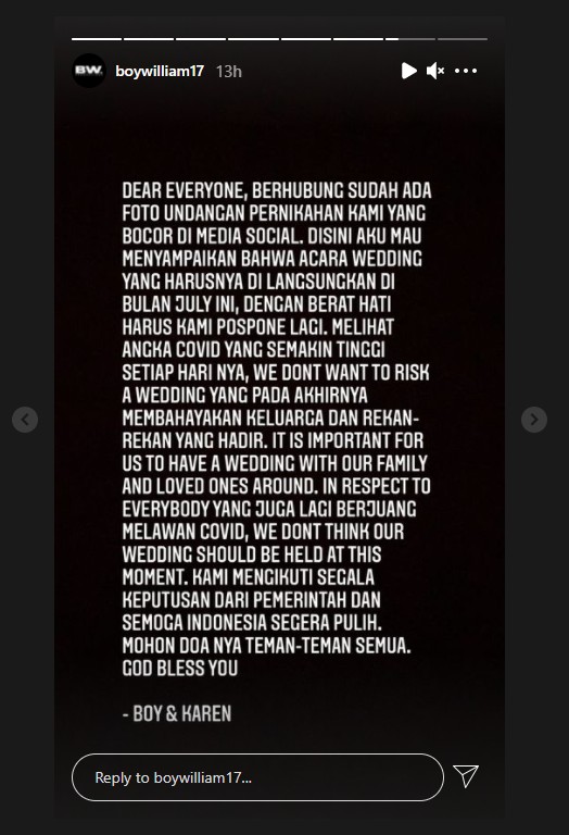 Boy William Bagikan Kabar Pernikahannya Kembali Ditunda untuk Kali Ketiga, Gara-gara Ini