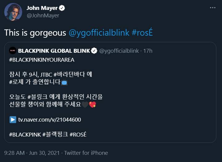 John Mayer memberikan pujian terhadap cover Rose BLACKPINK membawakan lagunya