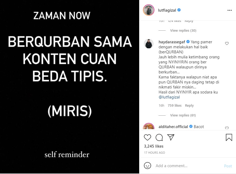 Lutfi Agizal Nyinyir Soal Orang Berkurban Dijadikan Konten, Haydar Ali Assegaf Beri Komentar Menohok