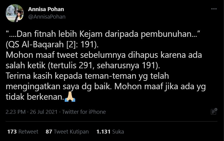 Annisa Pohan Minta Maaf Usai Salah Ketik Ayat Alquran: Terima Kasih Telah Mengingatkan