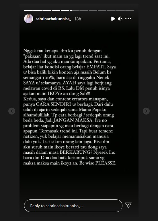 Heboh Tren \'Ikoy Ikoy\', Sabrina Chairunnisa Geram Dipaksa Ikutan Main