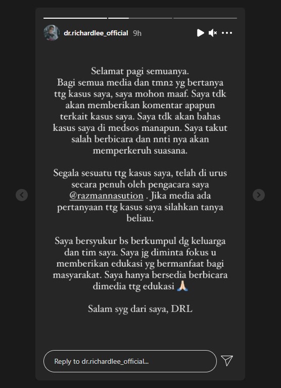 Enggan Berkomentar Tentang Kasusnya, Dokter Richard Lee Pilih Fokus Beri Edukasi Bermanfaat