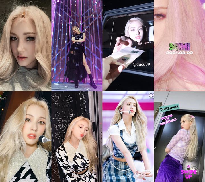 Jeon Somi menggunakan rambut blonde