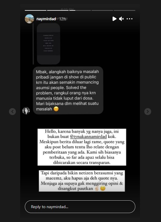 Posting Quote Bijak Dikira Sindir Tyna Kanna, Naysila Mirdad Klarifikasi