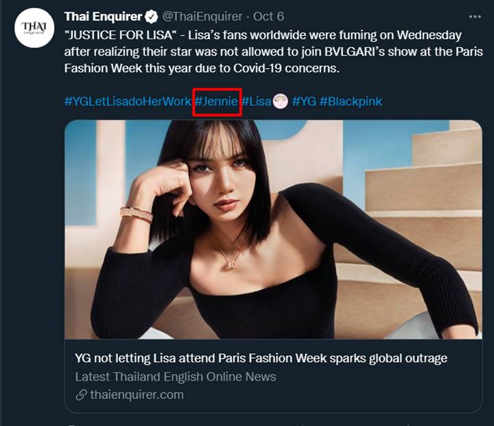 Pemberitaan media Thailand terkait dengan Lisa BLACKPINK tak boleh hadir di acara BVLGARI