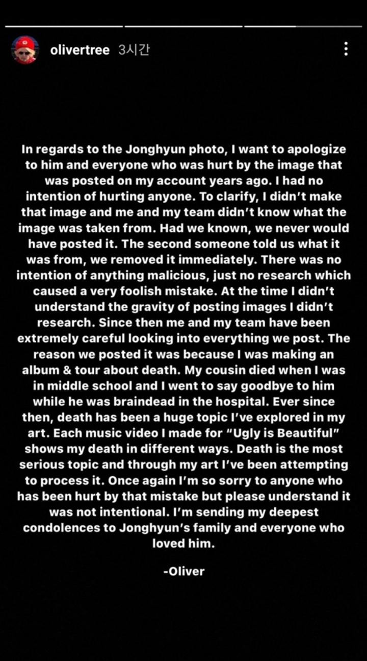 Oliver Tree mengungkapkan permintaan maaf terkait dengan menggunakan foto pemakaman Jonghyun SHINee