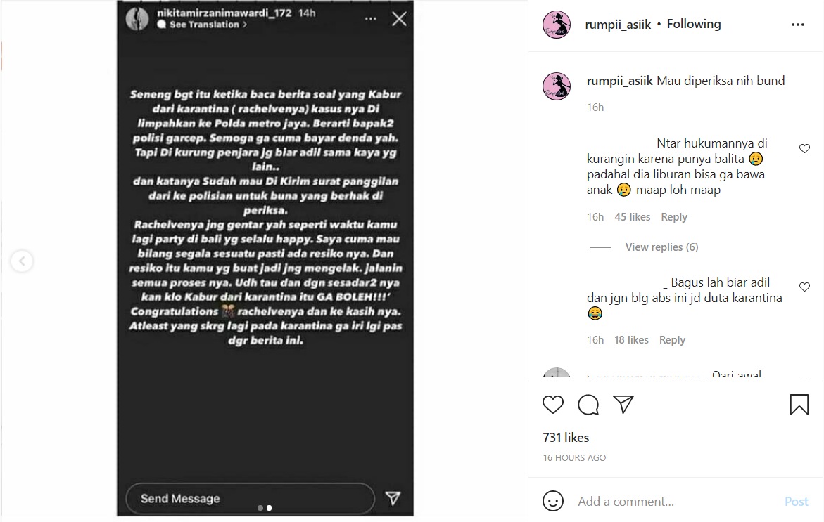 Rachel Vennya Dikabarkan Bakal Diperiksa Polisi, Nikita Mirzani Sampaikan Pesan dan Sindiran Ini