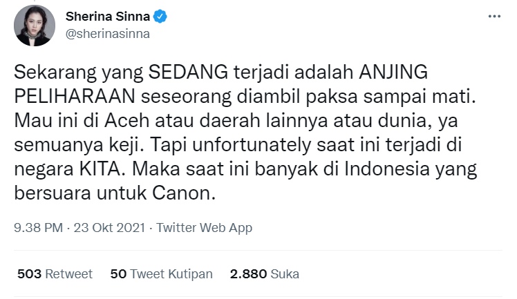 Sherina Kena Protes Usai Buka Suara Soal Kematian Anjing di Aceh, Beri Penjelasan Ini