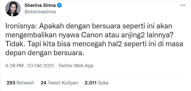 Sherina Kena Protes Usai Buka Suara Soal Kematian Anjing di Aceh, Beri Penjelasan Ini