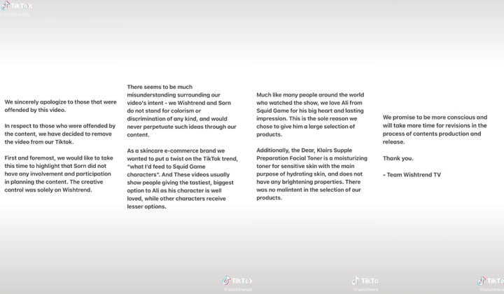 Wishtrend meminta maaf terkait dengan kontroversi video promosi bersama Sorn CLC