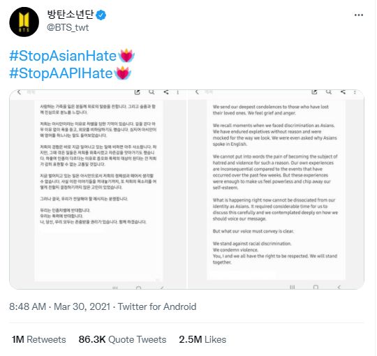 Kicauan Twitter BTS Jadi Tweet yang Paling Banyak di Retweet di Tahun 2021